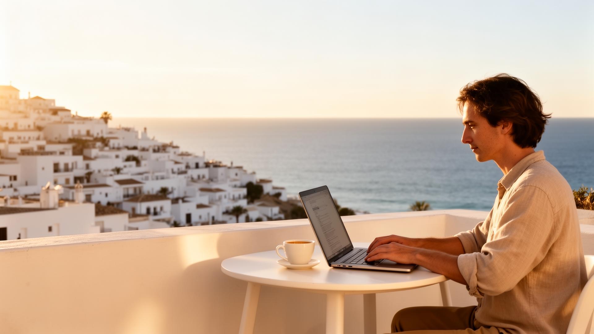 Laptop op een zonovergoten terras met uitzicht op de oceaan