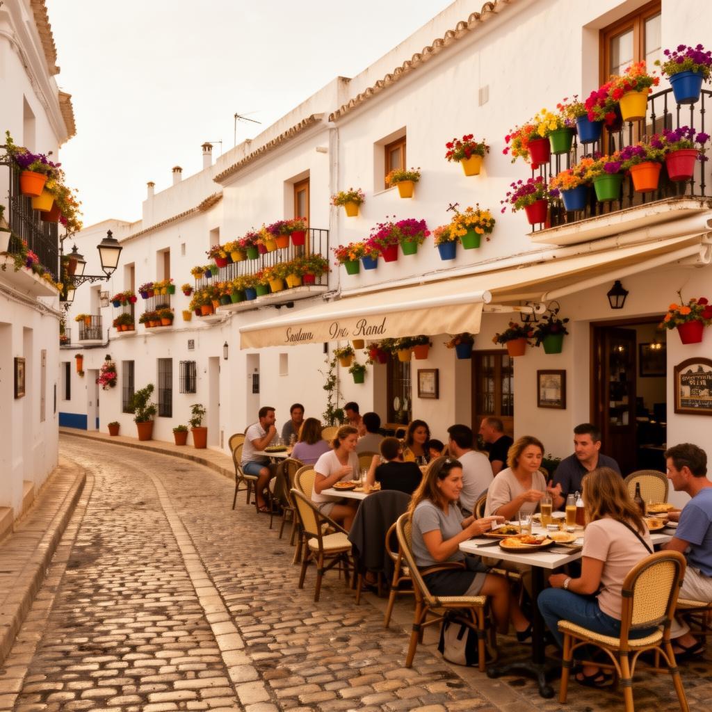 Wit Andalusisch dorp met buitencafé