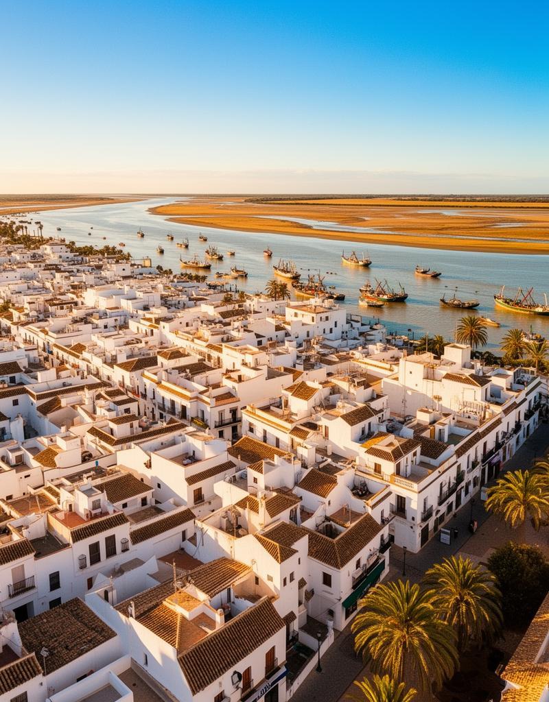 Luchtfoto over Sanlúcar de Barrameda richting Doñana