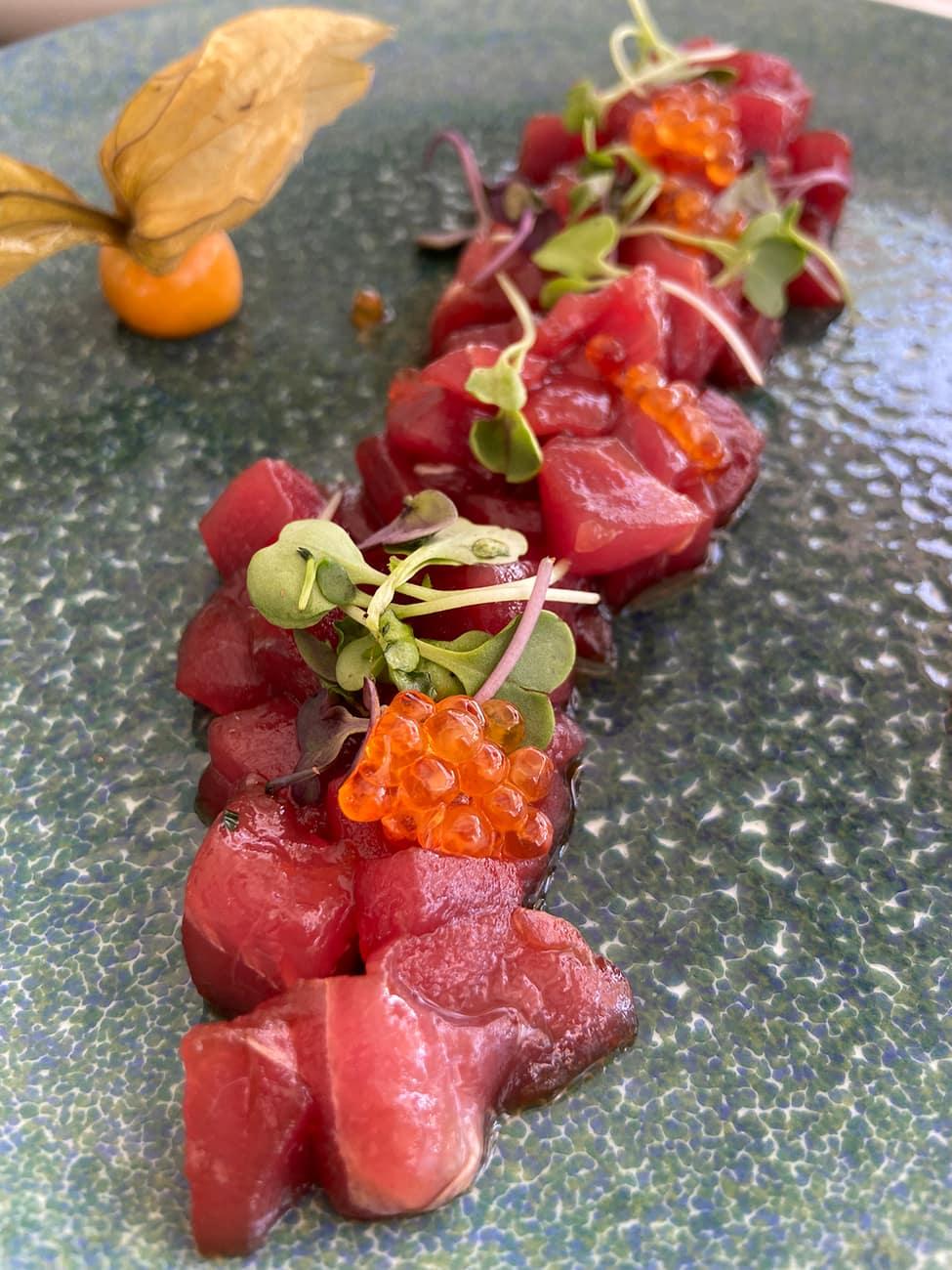 Plates of red almadraba bluefin tuna